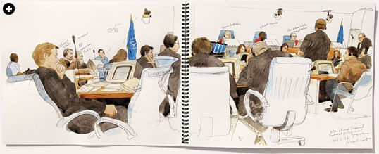 Illustrator Norman MacDonald wrote of this scene depicting the United Nations International Criminal Tribunal for the Former Yugoslavia in April 2003, as its members prosecuted Miroslav Tadic (fourth from left) for the crime of ethnic cleansing in the former Yugoslavia: “To me there is little difference between the trial scene in Babylon and the one [here] in The Hague [in the Netherlands]. In each, there is the accused and the opportunity for defense. Then and Now are pretty much the same.” 