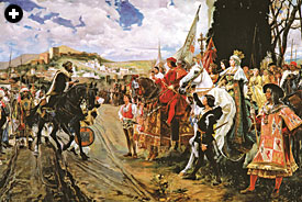 Near 1880, Andalucían painter José Moreno Carbonero depicted Boabdil, the last ruler of Al-Andalus, as he turned over the keys to the city of Granada to the Catholic monarchs.