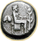 This tetradrachm, dating from between 485 and 475 BC, shows Cyrene’s eponym, the nymph Kyrene, gesturing toward a silphium plant; her other hand is in her lap. Behind her is silphium’s heart-shaped seed.