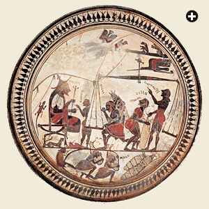 Arcesilas II, king of Cyrene from 560 to 550 BC, is shown watching the weighing and loading of silphium for export on a sixth-century BC Greek kylix, or drinking cup. 