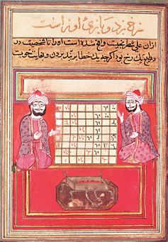 This illustration from a Persian treatise on chess, possibly dating from the 14th century, is notable for its expressive faces that hint at the “different kinds of pleasantry and jests” Mas‘udi recorded as customary among players at that time in Baghdad.