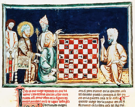 On this page from the 1282 Libro de los Juegos (Book of Games), or Libro de acedrex, dados e tablas (Book of Chess, Dice and Boards), Alfonso X discusses a chess problem with two turbaned players. 