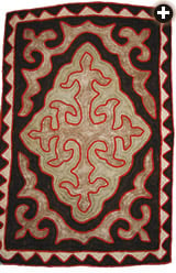 Trefoil ram’s horns make up most of this pattern, which is also bounded on the outer edge by triangles that symbolize Kyrgyzstan’s mountains.
