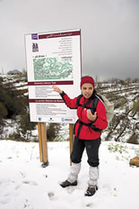 Also from Baskinta is mountain guide and elementary-school teacher Carole Akel, top, who introduces hikers to the 24-kilometer (15-mi) Baskinta Literary Trail, which connects to the LMT.