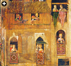 Giovanni Mansueti, after 1494, (detail): Men and women drape carpets from their windows during a procession. 