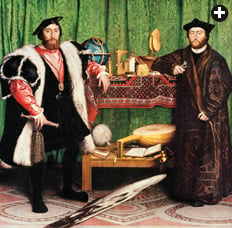 Hans Holbein the Younger, “The Ambassadors,” 1533. The painting is notable not only because its carpet is the one that gave rise to the term “large-pattern Holbein,”but also for its curious rendering, near its bottom center, of an anamorphic skull, discernible as such only when the painting is viewed at an acute angle. 