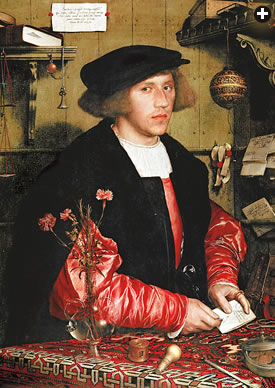 Hans Holbein the Younger, “Portrait of Danzig Merchant Georg Gisze,” 1532. The vase with flowers and the Oriental carpet are the only items in the painting not connected to Gisze’s business. The flowers communicated romantic intent to his prospective fiancée; the carpet asserted status and gentlemanly refinement.