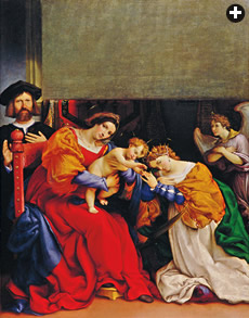 Lorenzo Lotto, “Mystic Marriage of Saint Catherine,” 1523, in which the artist turned back the edge of one of the patron’s carpets to show the high quality of its knotting.