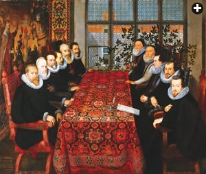 Artist unknown, “The Somerset House Conference,” 1604, which depicted treaty negotiations between Spanish and English delegates. They met at a table covered by an extraordinarily large carpet. 