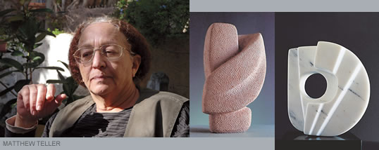 Above,from left: Mona Saudi in her garden. “For me, sculpture is an incarnation of poetry, touching on the invisible. It is the language of silence, of movement in stillness.” “Lovers” (Jordanian limestone, 1993); “Illumination” (marble, 1990). 