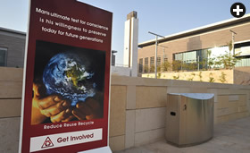 All waste bins at kaust separate recyclables, and a sign in the center of the campus summarizes the university's philosophy of sustainable prosperity.