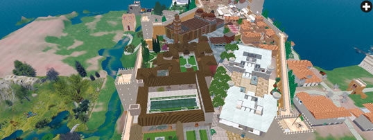 Viewed from the west, the walled center of Al-Andalus in Second Life contains, in the foreground, a virtual Alhambra and caliph’s palace and an auditorium. Behind them is La Mezquita (the mosque) with its square minaret, and to its right are residences and the suq, or market.