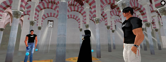 Three avatars meet for prayer, reflection or conversation in the mosque’s prayer hall, which is modeled after the Great Mosque in Córdoba, Spain.