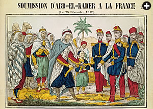 “The Surrender of Abd el-Kader to France” is the title of this colored engraving, dated December 25,1847. After years as a fugitive in Morocco, Abd el-Kader surrendered on December 23 of that year.