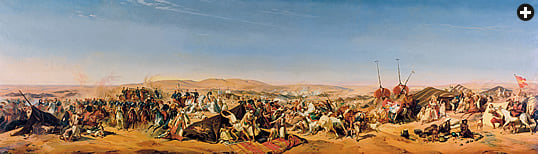 Measuring more than a meter tall and four meters wide (51" x 173"), artist A. C. F. Decaen’s “Capture of the Tribe of Abd el-Kader” shows the French sacking of his tribes’ encampment in May 1843. Abd el-Kader escaped to Morocco.