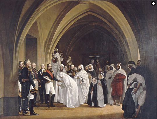 After some five years’ imprisonment, during which time the amir wrote about the common beliefs of Muslims and Christians, Prince Louis Napoleon announced Abd el-Kader’s release on October 16, 1852. Present at the ceremony was Abd el-Kader’s mother, whom artist Jean Baptiste Ange Tissier showed kissing the French prince’s hand.