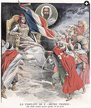 “The Loyalty of ‘The Other France’: Arab chieftains know how to keep their oaths” is a 1907 color-lithograph cover of the French magazine Le Petit Journal. The importance of Abd el-Kader can be inferred from his appearance on the central background medallion. 
