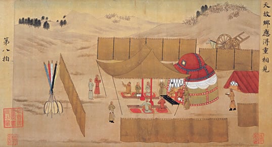 A classic yurt—a tent with a wooden lattice frame and felt walls, its roof and walls held in place by braided ropes and woven straps—is the venue of a concert on the steppe depicted in Eighteen Songs of a Nomad Flute: The Story of Lady Wen-Chi, a 14th-century tale of a Chinese woman kidnapped by Huns and held in their camps for years.