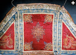 This brilliant silk panel highlights an 18th-century Ottoman summer tent now in the Topkap? Palace Museum in Istanbul.