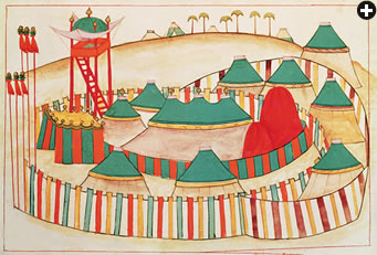 A splendid entryway marked by horsetail banners leads into a tent city designated “the imperial camp” in a 15th-century gouache sketch of the Islamic School.
