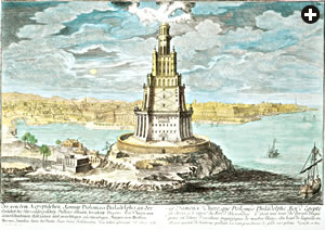 The Pharos lighthouse, which guided centuries of sailors to the harbor and was long regarded as among the Seven Wonders of the world, was destroyed some 240 years before this colored engraving was made in 1721. 