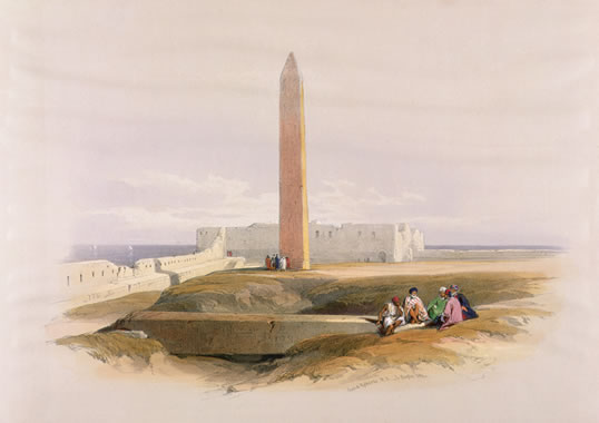 In the 1840’s, David Roberts produced lithographs of two of Alexandria’s other famous monuments, “Cleopatra’s Needle” and “Pompey’s Pillar.” The pillar was actually dedicated to the Roman emperor Diocletian, and it still stands. The obelisk was one of two that in the late 19th century were moved to New York and Paris respectively. 