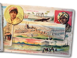Beginning in the 1890’s, Arbuckle Bros. began to entice buyers by including in its packages of coffee peppermint sticks, discount coupons and hundreds of trading cards. Three sets of geographical cards included 21 that depicted Arab and Middle Eastern lands. 