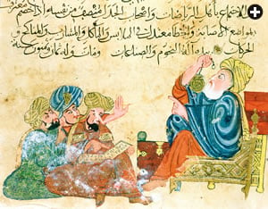 In a 13th-century Turkish miniature, Aristotle instructs students in the use of the astrolabe, a tool for measuring astronomical altitudes. First invented in Greece, it was extensively refined by Arab astronomers.