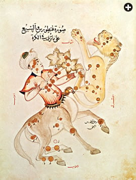 Most of the Arabic star names we know today can be traced back to the treatises of al-Sufi, a Persian astronomer of the 10th century who wrote in Arabic. His Book of Constellations of the Fixed Stars built on Ptolemy’s second-century Almagest. This plate is a 15th-century interpretation of al-Sufi’s constellations of Centaurus and Leo.