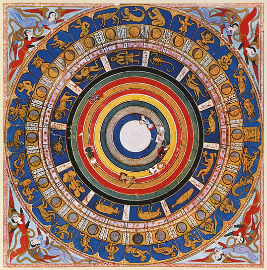 This celestial map or macrocosm is the opening miniature in the Turkish Zubdat al-Tawarikh, or History of the World, showing the seven heavens above the Earth, the signs of the zodiac and the 28 lunar “mansions.” The model for it is essentially Ptolemaic, that is, Earth-centered, even though it was produced in 1583, four decades after Copernicus proposed the solar-system model we know today.