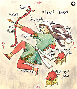 The odd name of Betelgeuse, in the constellation Orion, comes from an Arabic original whose first letter was inadvertantly changed by a 13th-century astronomer. Second brightest in Orion, the star that was originally named in Arabic yad al-jawza’ appears (top) at the upper left, and above, in an antique-style rendition, at the end of the sleeve of the hunter’s tunic.