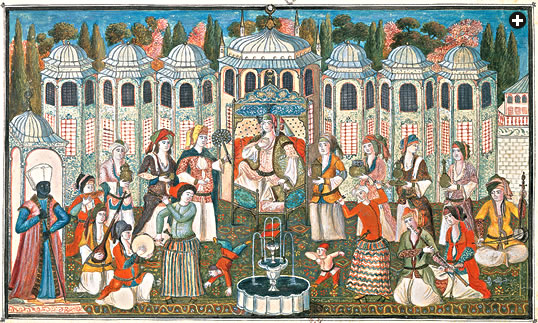 Depicting a late 17th-century Ottoman garden party hosted by the Queen Mother (Valide Sultan) for Madame Girardin, wife of the French ambassador, paintings such as this provide valuable insight into Ottoman garden design.
