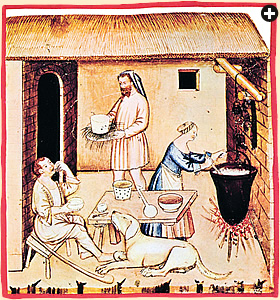 The making of ricotta cheese, which may have begun in Sicily, is shown in this 14th-century illustration.