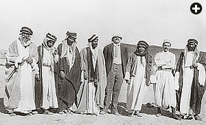 With the “great shaikhs of the Fedaan Anazeh,” Davenport posed for this photo in which he appears at center; to his left stands Ahmet Hafiz, and to his right stands Hashem Bey, the shaykh of all the Anazeh tribes. “We had enjoyed our stay; we had feasted on a camel; we had talked horse pedigrees for days without interruption; we had seen the greatest animals they had,” Davenport wrote.