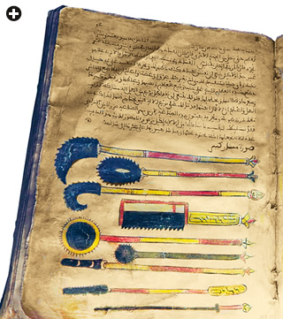 Illustrations of surgical instruments from a 13th-century Arabic copy of al-Zahrawi’s On Surgery.