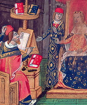 This 15th-century Italian illustration depicts the presentation of a work by Ibn Zuhr of Seville, translated into Latin by John of Capua.