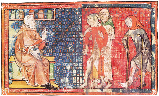 In a 14th-century French version of al-Zahrawi’s Arrangement of Medical Knowledge, a sick man and a crippled man are presented to a doctor. Al-Zahrawi’s compendium was used in Europe till the late 16th century.