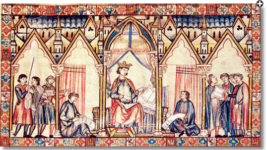 A 13th-century illustration accompanying one of the  "Cantigas de Santa Maria" includes musicians in the court of King Alfonso X.
