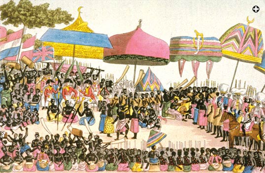 Prominently displaying large, colorful umbrellas, this  engraving dated 1820 is titled 