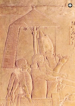 On a doorway that led to the fifth-century-bce throne room in Persepolis, Iran, a relief shows King Xerxes i shaded by an umbrella. Some two centuries earlier, Assyrian artists showed King Ashurbanipal, below, shaded by an umbrella with a hanging flap that resembles those depicted in Egypt. 