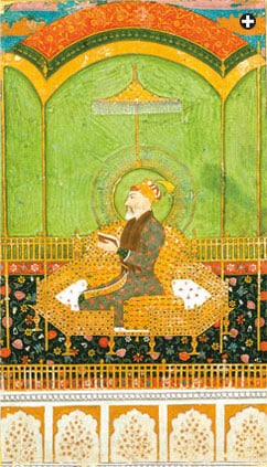Both this Chinese-influenced Tibetan depiction of the Buddha, left, and this Muslim Mughal miniature of Shah Jahan, right, date from the 17th century, and both show their subjects seated under umbrellas.
