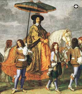 Although Europe never fully embraced the royal umbrella, the late-18th-century artist Laurent Pechaux painted one over Pope Gregory xi, above; the 17th-'century French artist Charles Le Brun painted two above a chancellor, below left, and an 1894 fashion print from France shows a lady's parasol tensioned by springy ribs of newly available lightweight steel.