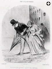 The unreliability of Europe's early steel umbrellas caught the eye of French satirist Daumier, left, but by the time Gene Kelly turned his bumbershoot into an iconic Hollywood dance prop in "Singin‘ in the Rain," right, the waterproof umbrella had become plain and practical, offering little hint of its and powerful past.