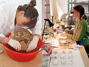 Conservation specialist Nadia Tsatsoulie fits sherds together to reconstruct a broken pot. Right: Marianne Schwartz uses a microscope while removing corrosion that may hide inscriptions on a coin.