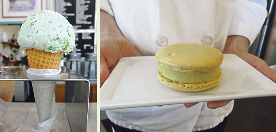 In western desserts, pistachios appear perhaps most often in ice cream, in a simple cone, or (right) in a fancy ice cream sandwich—as produced here by Ginger Elizabeth Chocolates of Sacramento—between French macarons made from almond meal, sugar and egg whites.