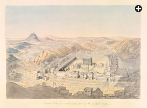A view of Makkah in the early 19th century by Charles Hamilton Smith, an English officer and artist who is not known to have visited the Arabian Peninsula and who thus probably drew this from other sources.