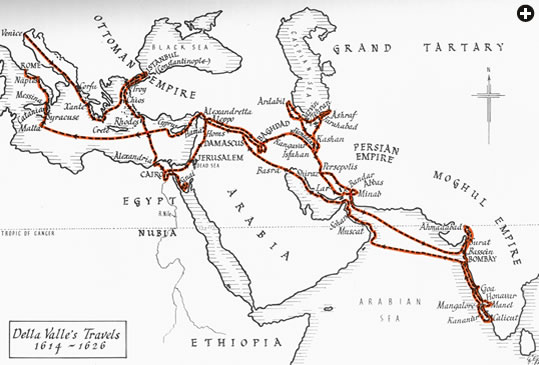 Della Valle traveled several thousand kilometers, as shown in this 1953 map from William Blunt's Pietro's Pilgrimage: A Journey to India and Back at the Beginning of the Seventeenth Century. His first stop was in Constantinople (Istanbul), where he spent a year studying Turkish, Arabic, Persian and Hebrew. 