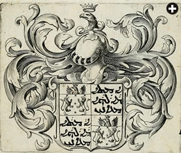 The coat of arms created for Ma‘ani della Valle, who died in Minab, near Hormuz, in 1621 at the age of 23, opens the memorial volume produced for her funeral in Rome in 1626. The inscription, in Syriac, reads “The servant / of God / Ma‘ani.”
