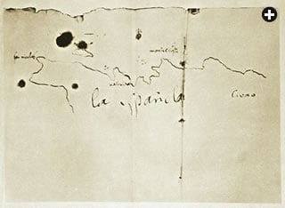Top: This sketch of the coast of “La Española” is attributed to Columbus’s own hand, from his first voyage. He also recorded that, in response to being shown samples of black pepper, locals guided him and his crew to abundant allspice berries, shown dried at above.
