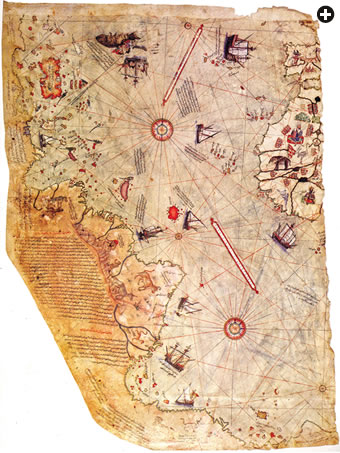In 1513, Ottoman cartographer Piri Reis examined 14 sources to produce this map whose rhumb lines predate cartographic latitude and longitude, and of which only this fragment, showing West Africa, the South Atlantic and the Americas, survives. By this time, chiles had begun reaching many Old World ports, the Middle East and parts of Asia, and they were growing in the Azores, other Atlantic islands and North Africa.